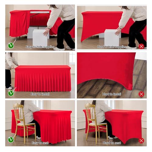 Red Spandex Tablecloth 6FT Rectangle Cover with Skirt - 6 Pack, Wrinkle-Free