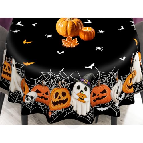 Black Halloween Pumpkin Ghost Oval Tablecloth 84x60 Inches - Festive Home Decor