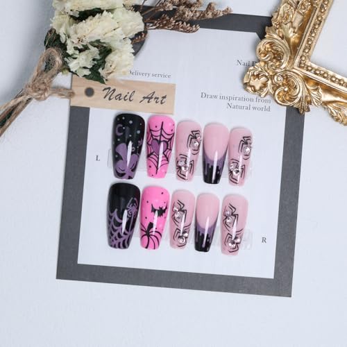 Halloween Press On Nails Set - Heart Spider Web Pumpkin Ghost Designs, Medium Square Pink Fake Nails with Rhinestones - Variation of THIS listing