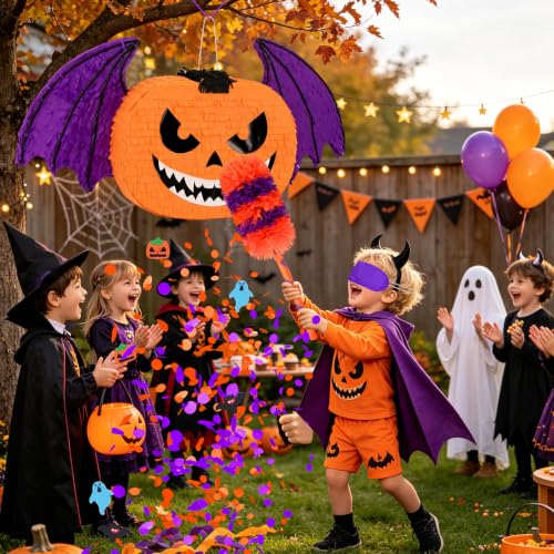 Halloween Pumpkin Bat Piñata Set with Stick, Blindfold & Confetti – Kids Party Decor & Trick-or-Treat Favors - Variation of THIS listing