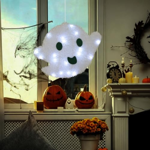 Halloween Hanging Ghost Lighted Decoration - White LED, 14.4 Inches, Auto Timer, Indoor Outdoor Use - White Ghost Variation
