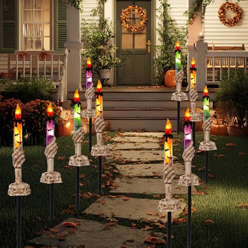 Halloween Skull Candle Stakes Set - 10 Pack Outdoor Waterproof Pathway Decor with Timer - Orange, Purple, Green