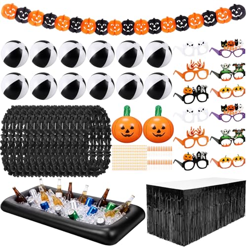 Summer Halloween Pool Party Decorations Set - Inflatable Pumpkins, Beach Balls & Table Skirt