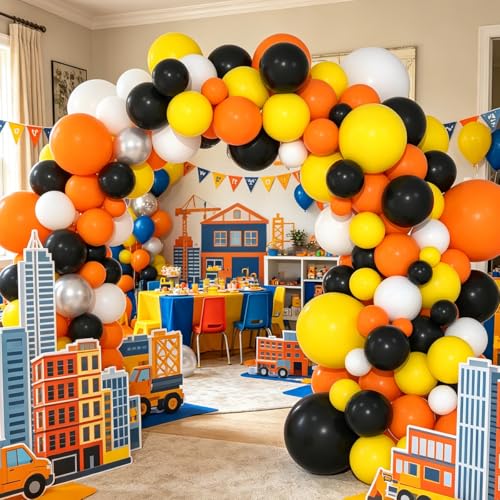 Construction Balloon Arch Kit - Orange Yellow Black Silver 122PCS Party Decorations