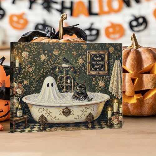 Halloween Wall Art Vintage Ghost and Cat Bathing Canvas - WashWorry Variation