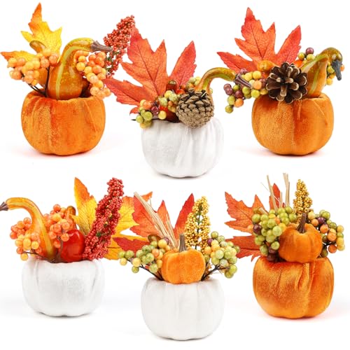 Artificial Velvet Pumpkins Set with Maple Leaves and Berries for Fall Thanksgiving Decor - 6 Pieces