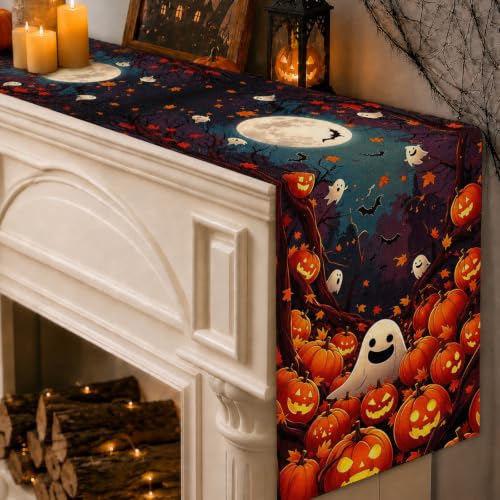 Halloween Table Runner 13x72 Inches with Pumpkins and Ghosts - Fall Autumn Decor