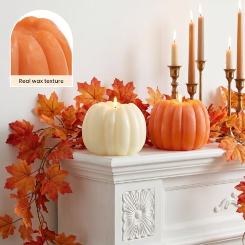 Large Flameless Pumpkin Candle - Fall Decor with Remote Control - Orange & White - ARIKJ