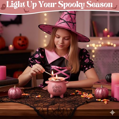 Pink Halloween Cauldron Candle with Spooky Decorations & Pumpkin Scent - 14oz Gift for Women & Teens