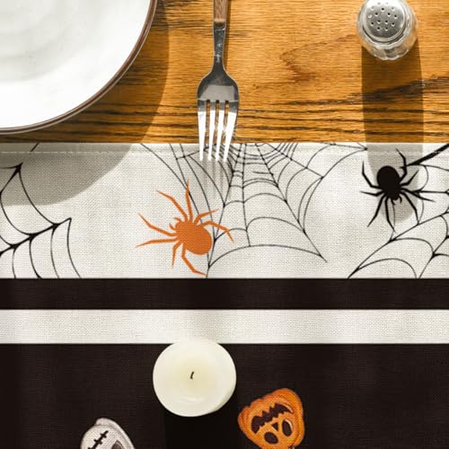 Halloween Jack-O'-Lantern Pumpkins Spider Web Table Runner 13x120 Inch Black Beige