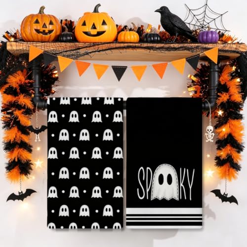 Black Halloween Kitchen Towels Set of 2 18x26 Inch Ghost Decoration