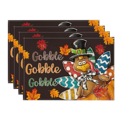 Black Gobble Turkey Fall Harvest Placemats Set of 4 - 12x18 Inch Rectangular Halloween Decor