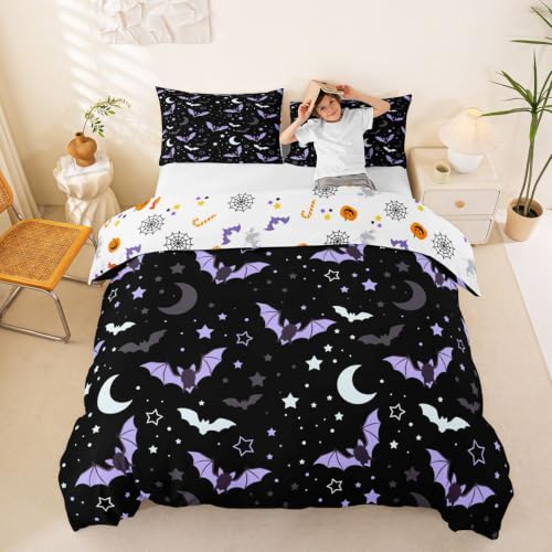 Purple Bat Halloween Duvet Cover Set - Moon Stars Galaxy Bedding, Queen Variation 13