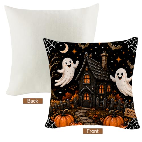 Halloween Throw Pillow Covers 18x18 Inch Set of 4 - Eerie Pumpkin Ghosts Bats