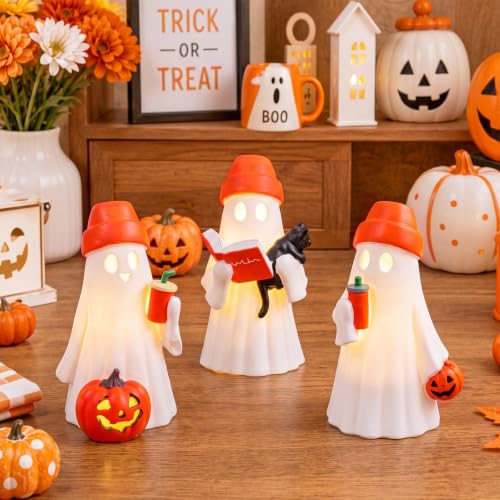 Eaasty 3 Pack Halloween Light Up Ghost Figurines with Orange Hats - Indoor Decor