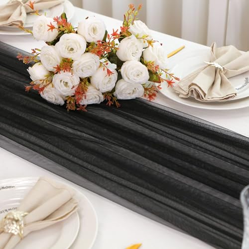 Snowkingdom Black 10FT Sheer Tulle Table Runner for Wedding & Party - Boho Cheesecloth Decoration