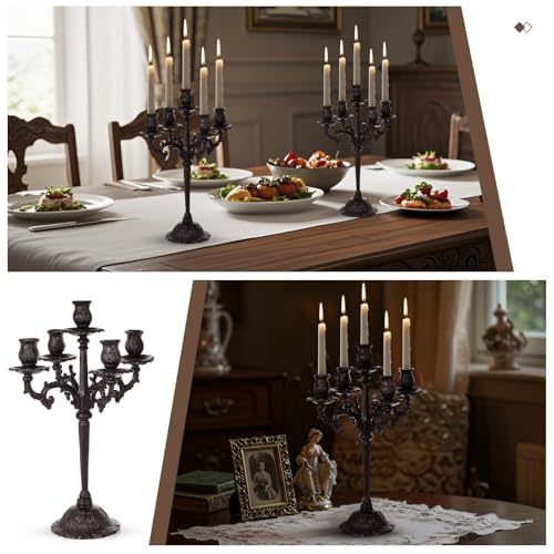 Vintage Black Cast Iron 5-Arm Candelabra - Gothic Table Centerpiece, 16.7" Tall
