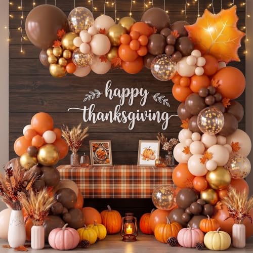Fall Balloon Arch Kit with Maple Leaves - Orange & Brown Variations, Thanksgiving Party Decorations