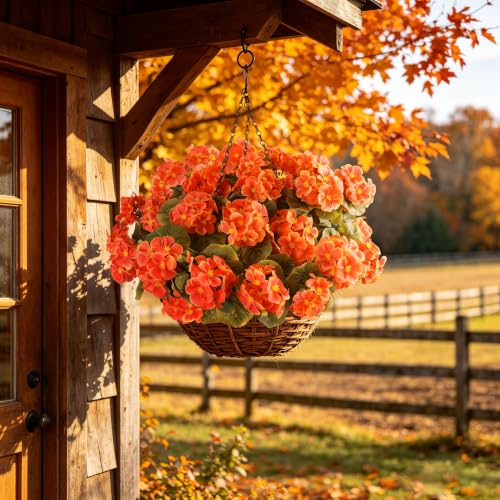 Artificial Fall Flowers for Outdoors, 6PCS Silk Orange Geraniums - Autumn Decor
