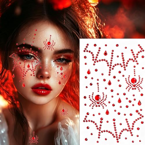 3PCS Halloween Face Gems Set - Spider Web Rhinestones for Women with Red, White, Black Variations