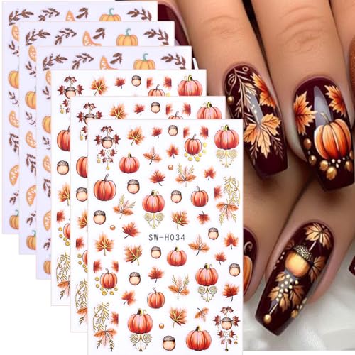 Fall Nail Stickers Set - Halloween Pumpkin & Maple Leaf Decals with Variation Red2