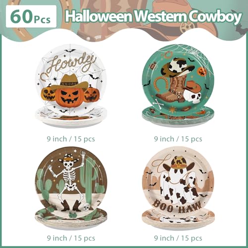60Pcs Western Cowboy Halloween Paper Plates 9 Inch - Skeleton Ghost Pumpkin Design
