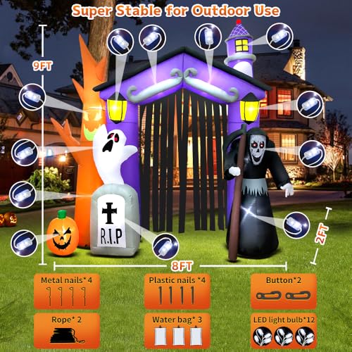 9FT Haunted House Castle Inflatable Archway with LED Lights - Halloween Yard Decoration