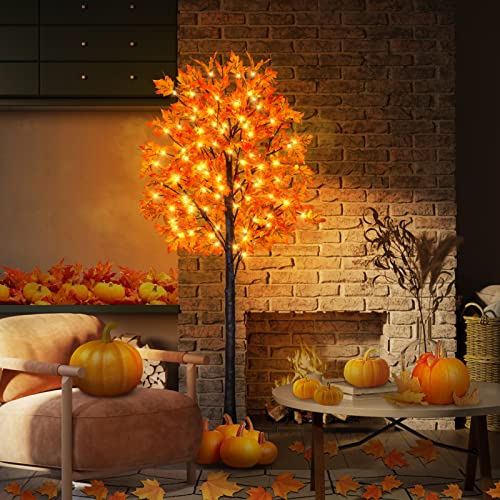 6ft Prelit Fall Maple Tree with 130 LED Lights, Dimmable & Flashing Modes - Indoor Outdoor Thanksgiving Decor