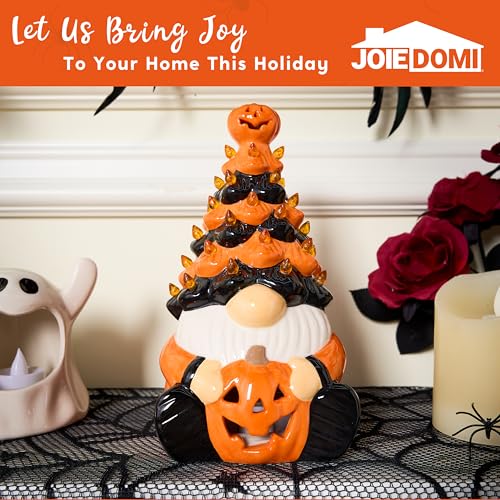 Halloween Pumpkin Gnome Ceramic Tree with Built-in LEDs - 8.5 Inch Tabletop Decor