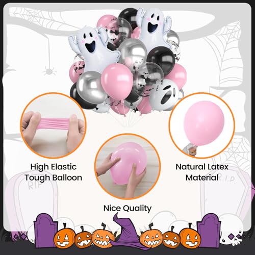 30PC Halloween Balloons Set - Pink Black Silver White Ghost Bat Print with Foil Balloon for Party