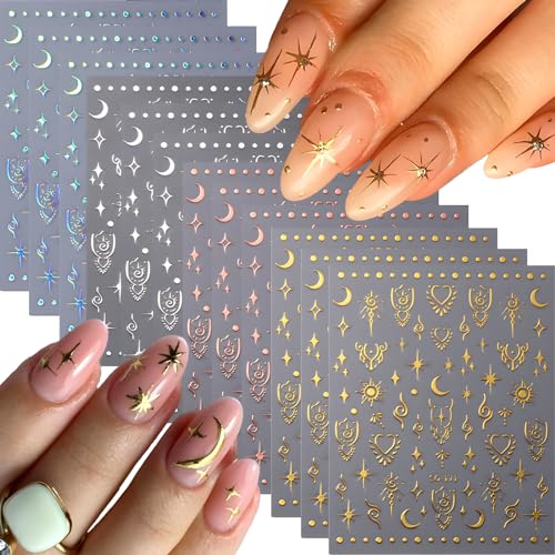 Self-Adhesive Star Nail Stickers - Silver & Gold Aurora Moon Design, Style B