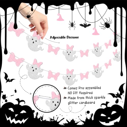 Pink Bow Ghost Garland Banner Halloween Party Decor - Silver Pink Variation