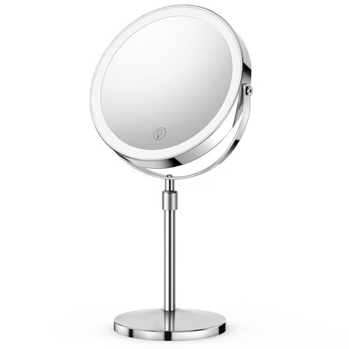 DYETUNY 10x/1x Lighted Vanity Makeup Mirror, 2000mAh Rechargeable Height Adjustable Double Sided, Magnifying Mirror with 3 Color Light, Brightness Adjustable, 360° Rotation, Women Gift