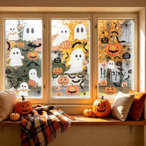 Halloween Window Clings 137 Pcs Ghost Pumpkin Bat Black Cat Static Stickers