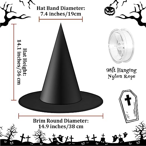12pcs Halloween Floating Black Witch Hats with 98ft Hanging Rope - Costume & Party Decor