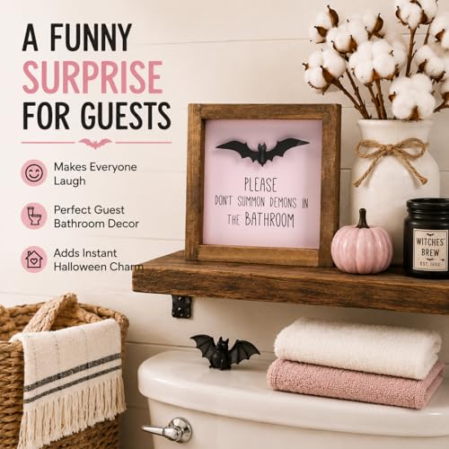 Pink Halloween Bathroom Sign with Bat Wall Decor - Restroom Shelf Sign, Humorous Witty Gothic Decor, Quirky Gift