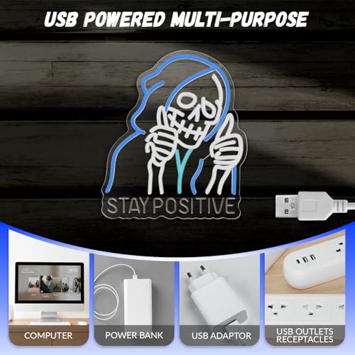 Blue Stay Positive Skeleton Neon Sign Wall Decor - Motivational LED Light for Man Cave Pub Bar Halloween
