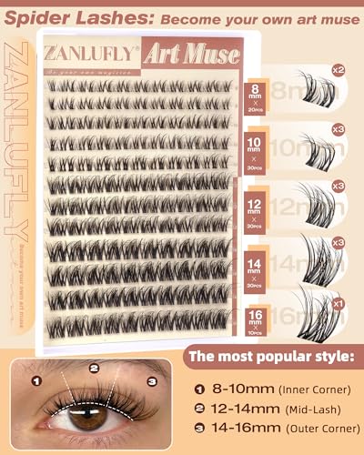 D-Spider Wispy Cluster Eyelash Extensions - Light Fluffy D Curly 8-16mm, Invisible Band - zanlufly