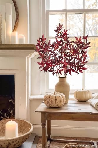 Artificial Maple Leaves Branches 30-Inch Fall Faux Bushes for Thanksgiving Decor - Red