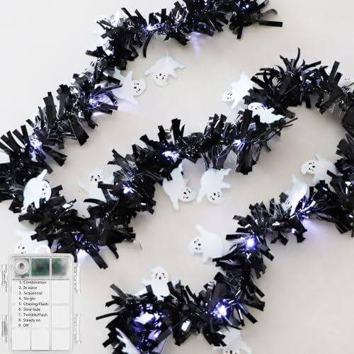 White Halloween Tinsel Garland with Fairy Lights 6.6ft Copper String Decoration