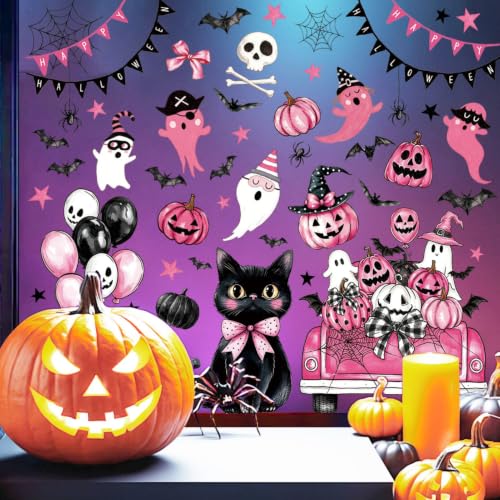 Halloween Window Clings - 73PCS Pink Ghost Pumpkin Bat Reusable Stickers - Halloween-C
