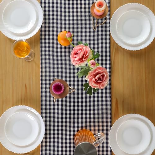 Halloween Check Plaid Table Runner - Linen Blend, 14x108 Inch, Blue and White - The Art Box