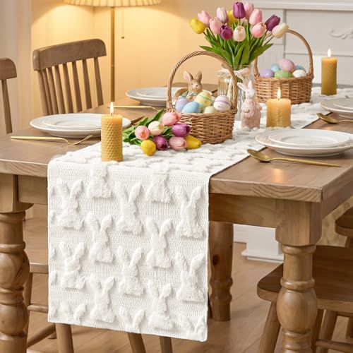 White Faux Fur Bunny Rabbit Easter Table Runner 13x48 Inch - Seasonal Kitchen Decor