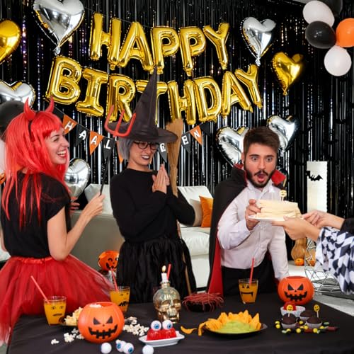 Black Birthday Party Decorations Kit with Foil Banner & Balloons - Includes Tinsel Curtains & Heart Balloons