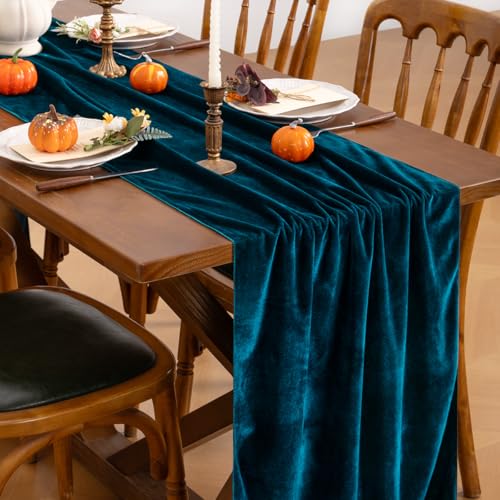Peacock Blue Velvet Table Runner - Fall Boho Wedding Home Decor - 10ft