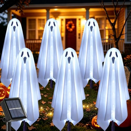 Solar Ghost Lights Outdoor Halloween Decoration Set of 6 Spooky Pathway Stake Lights