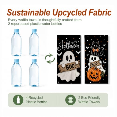 Ghost Cat Boo Kitchen Towels Set of 2 Halloween Dish Towels - Spooky Cat & Pumpkin Design