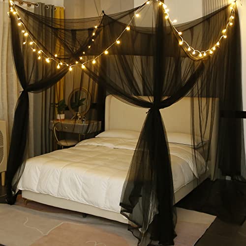 Black Canopy Bed Curtains with Lights for Full to King Size Bed - Halloween & Gothic Room Decor - 87x79x98 Inches
