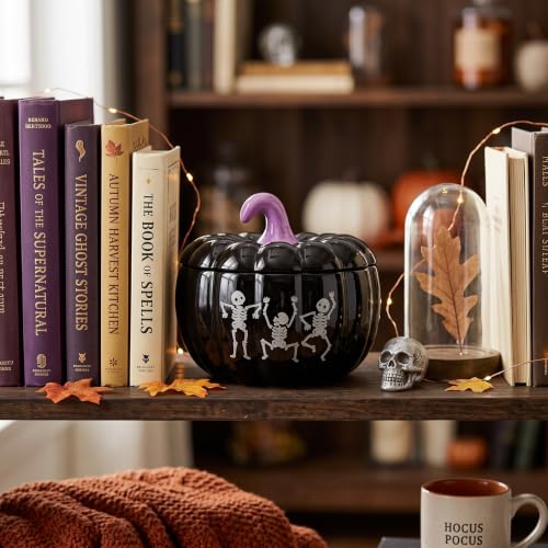 Bone Dance Cookie Jar - Halloween Black Pumpkin & Skeleton Treat Container