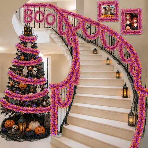 Halloween Garland 50FT Purple & Orange Tinsel Decor for Parties & Indoors